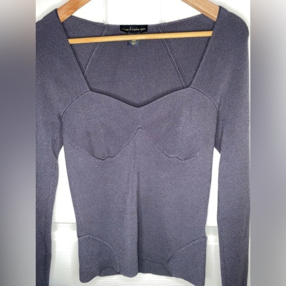 House of Harlow 1960 Dark Gray Sweetheart Ribbed Knit Long Sleeve Top – M